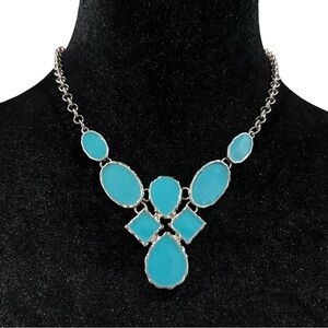 Bib Necklace Blue Silver Tone Adjustable Length